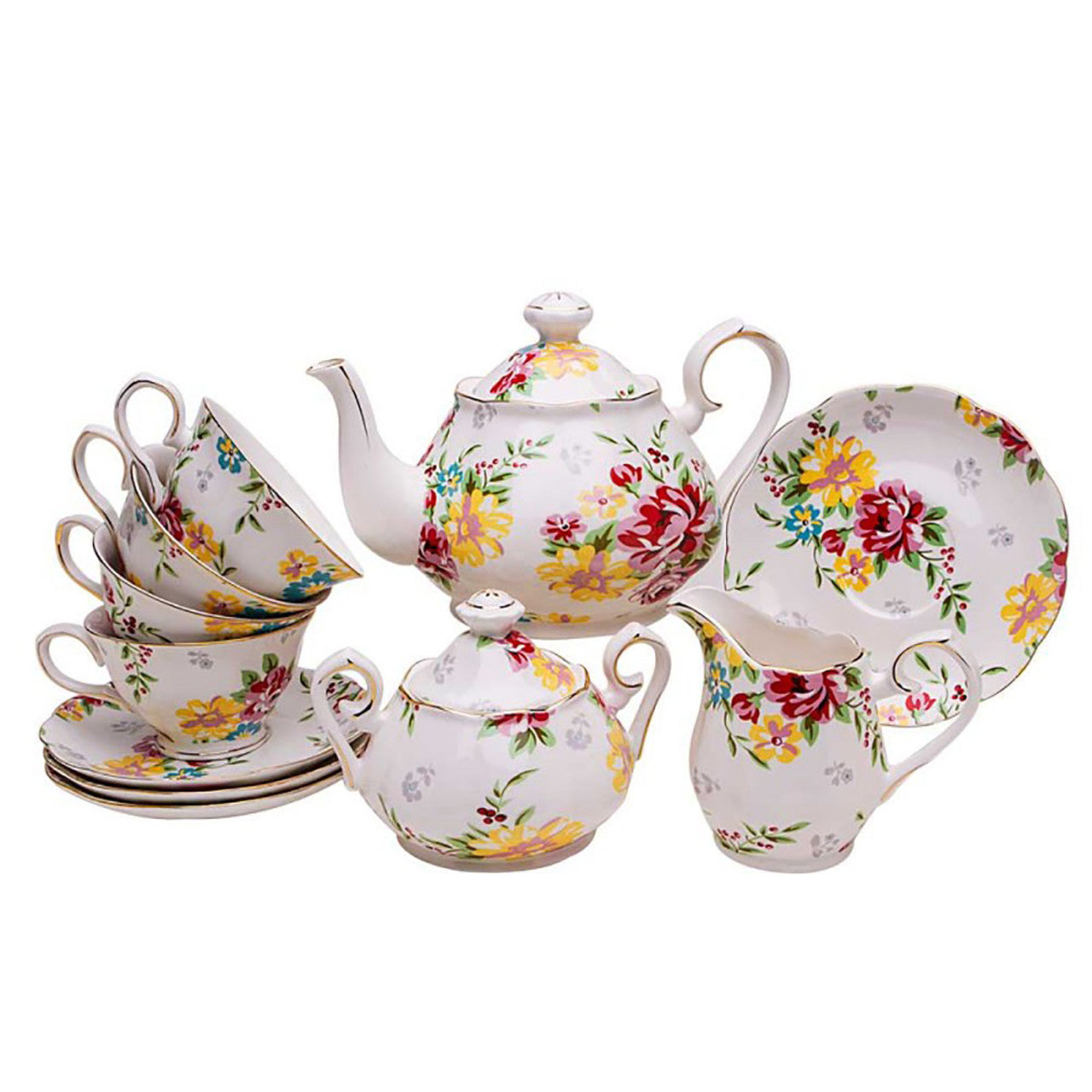 Cream Colored Shabby Rose - 11 Piece Porcelain Tea Set